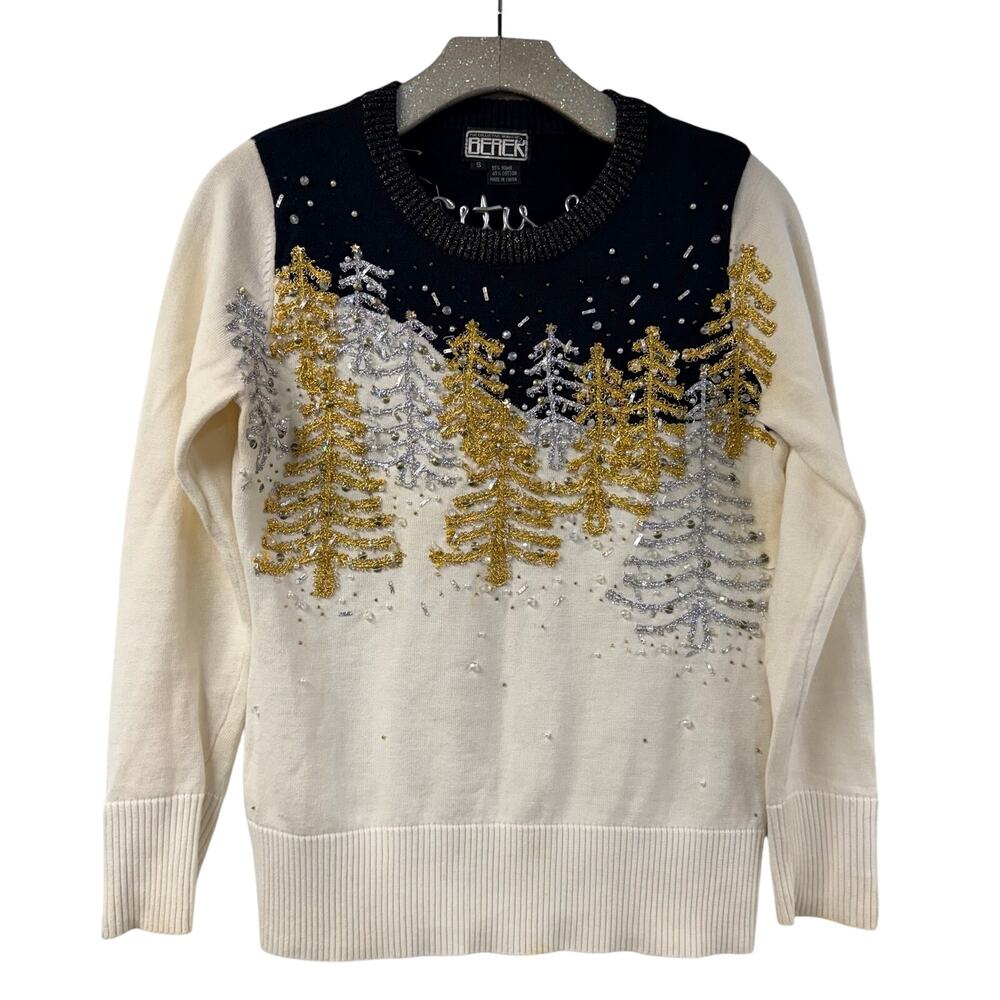 Not So Ugly Christmas Sweater Berek Black White Gold Trees S Crewneck Snow VTG